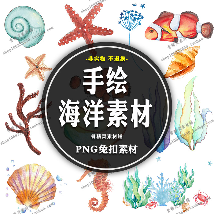 手绘水彩海洋风水母贝壳珊瑚海星边框背景图案PNG免抠设计素材
