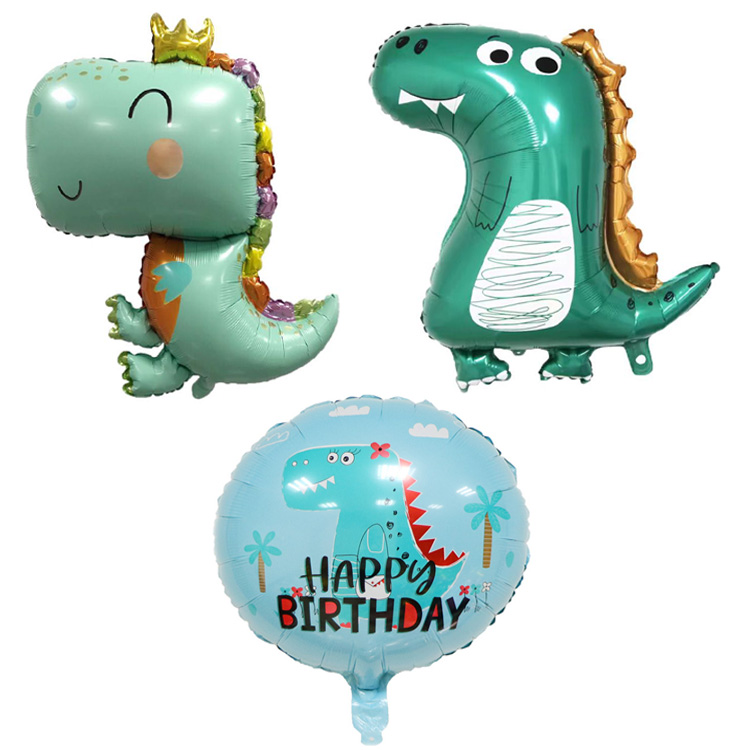 Q版卡通皇冠绿色恐龙气球男孩宝宝儿童生日派对聚会装饰铝膜布置