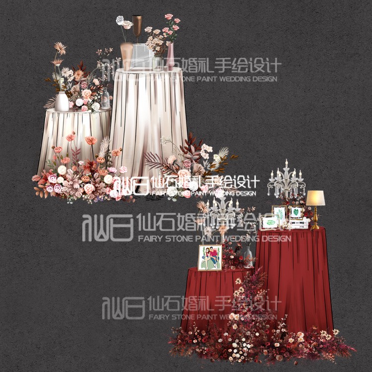 ZY029纯手绘婚礼道具PSD源素材香槟色红色圆形桌粉色红色花艺摆件
