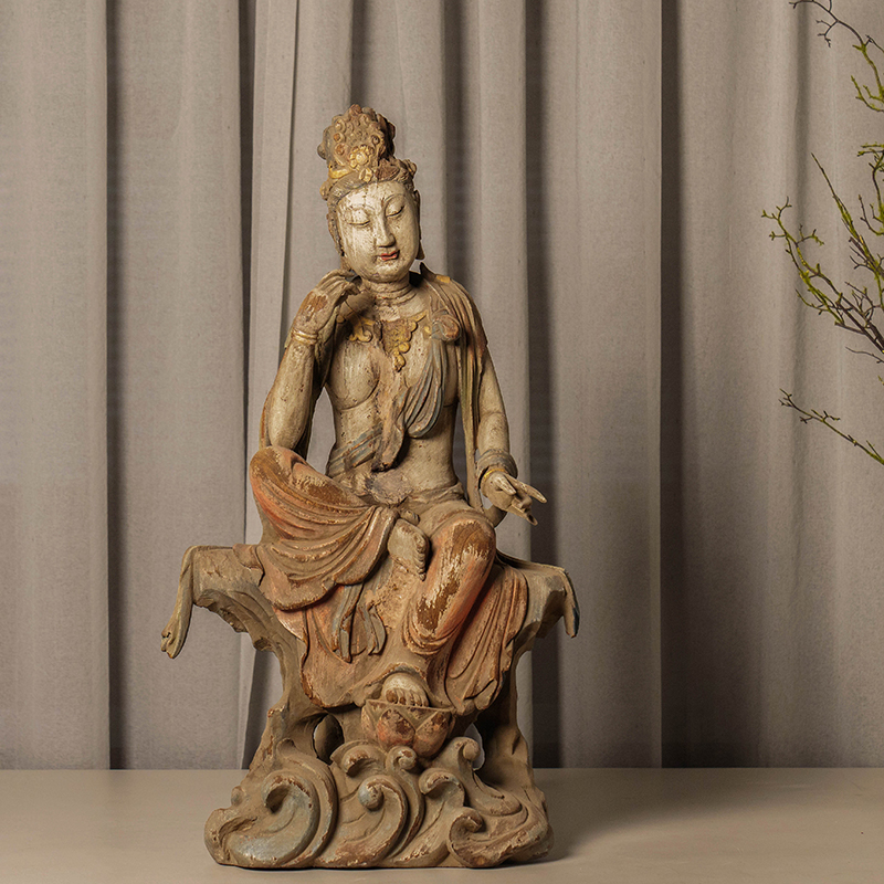 清代木雕彩绘自在观音像文玩古董佛像收藏木雕自在观音像供奉摆件