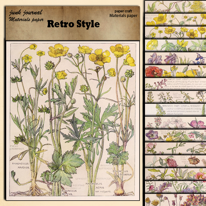 植物图案20张大不列颠野花素材纸可折叠手账贴纸背景纸贴画装饰