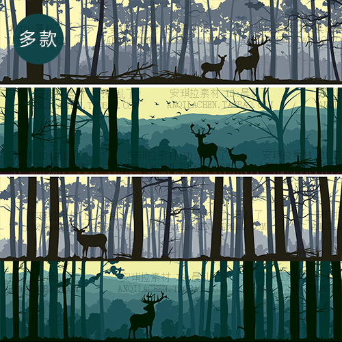 北欧麋鹿原始意境森林树林风景卡通剪影插画背景墙纸矢量设计素材