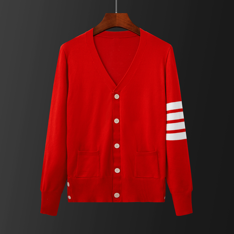 男士高档开衫针织衫四道杠2024最新款红色本命年春秋款毛衣外套薄