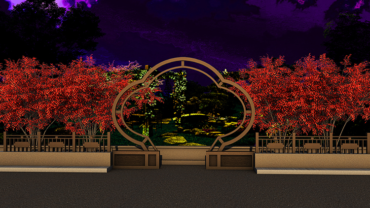 古代园林拱形门夜晚树林园林游园高清LED大屏幕舞台背景静态图片