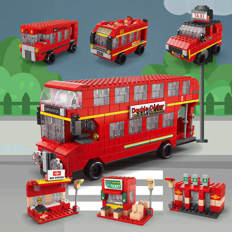 益智拼装积木双层巴士公交车伦敦巴士城市汽车模型儿童玩具汽车男