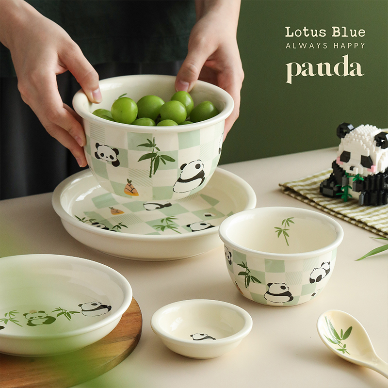 蓝莲花熊猫小花花餐具陶瓷碗吃饭可爱盘子碟子家用面碗汤碗高颜值