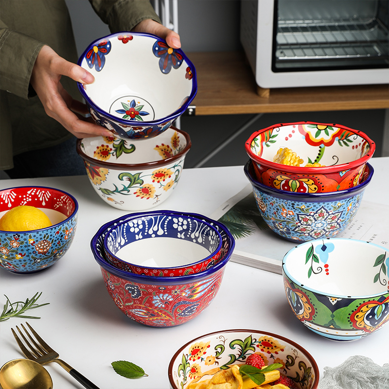 新款波西米亚手绘陶瓷碗家用吃饭碗喇叭面碗大汤碗麦片碗沙拉圆碗
