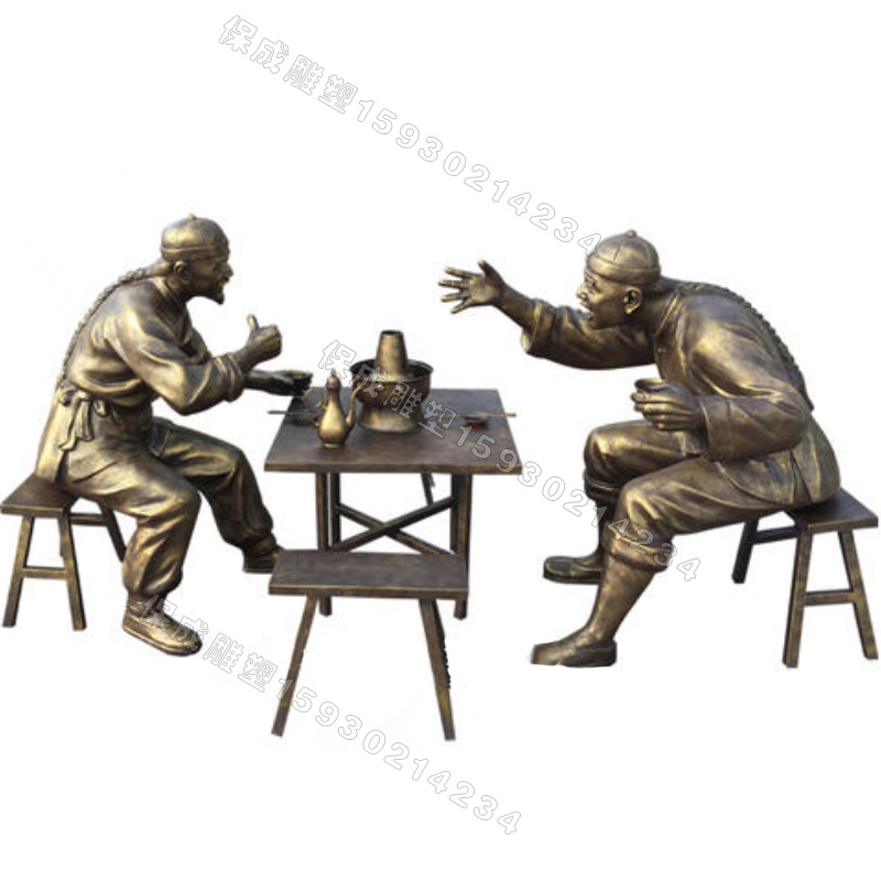 铸铜人物雕塑吃面喝酒划拳人物民俗小吃街商业小品摆件酿酒制酒