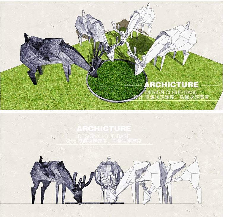 现代异形折面抽象切面小鹿群吃草雕塑景观小品草图大师su模型