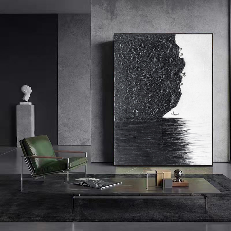 2024新款客厅抽象现代简约轻奢挂画手绘砂岩高级黑白肌理画侘寂风