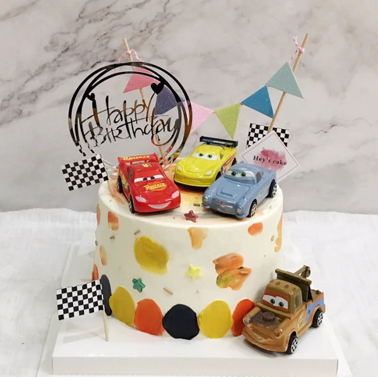 儿童生日蛋糕装饰摆件塑料小汽车赛车跑车黑白格子旗子蛋糕插牌l