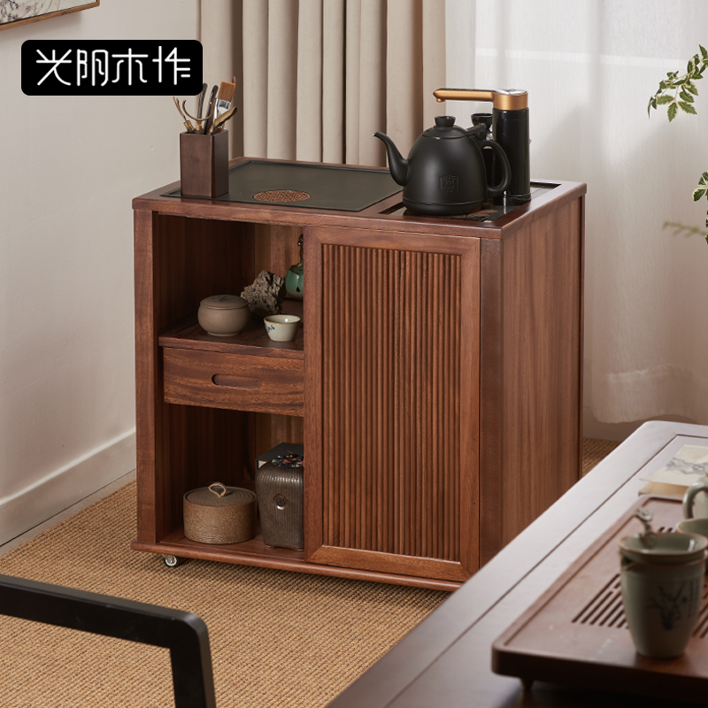 新中式全实木移动茶水柜胡桃木茶桌家用小型茶台烧水壶一体侧边柜