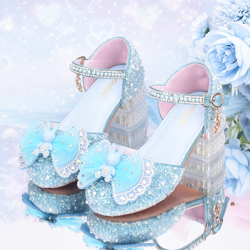 女童爱莎公主鞋兔子头像儿童高跟鞋女孩水晶鞋冰雪奇缘皮鞋休闲鞋