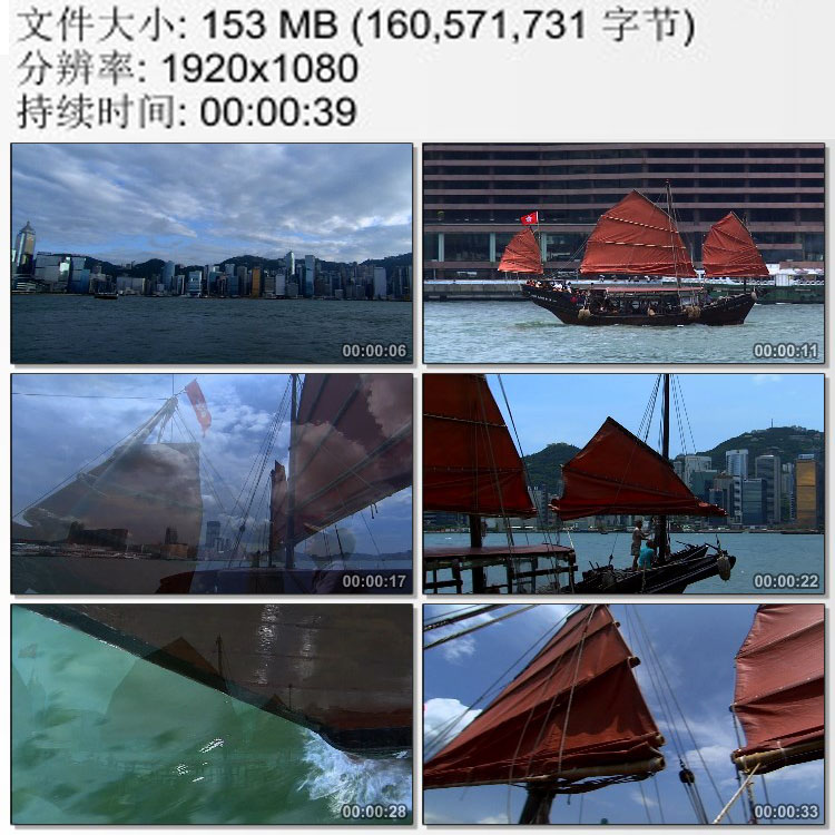 中国香港 维多利亚湾 老式帆船 香港旅游 实拍视频素材