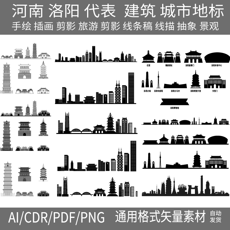 河南洛阳城市建筑剪影天际地标线条线性插画AI矢量图CDR模板素材