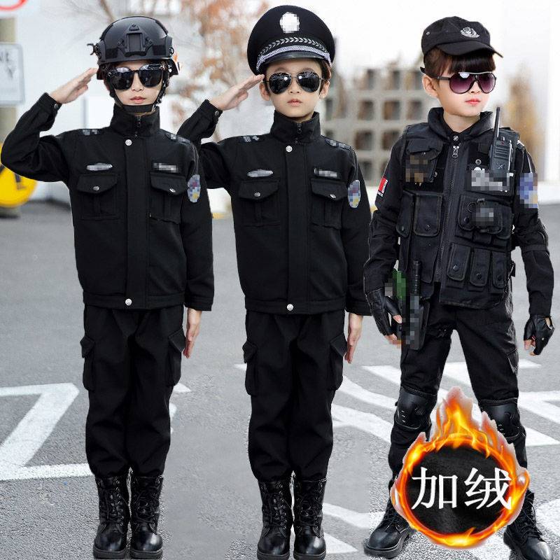 儿童警官衣服冬季加绒加厚棉服军装套装男女童特警衣服警察演出服