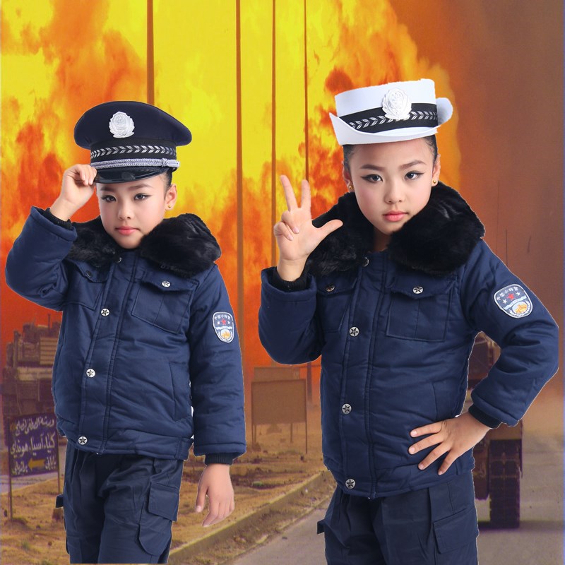 小警察扮演服装儿童冬季小交警小公安表演制服男女童加厚加绒棉服