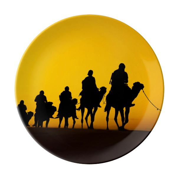 剪影夕阳丝绸之路骆驼沙漠陶瓷餐盘子8寸月光盘餐具家居礼物