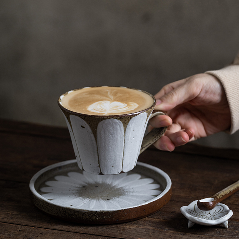 器昔|手工广口花瓣陶泥咖啡杯碟 创意日式咖啡杯拉花杯卡布拿铁杯