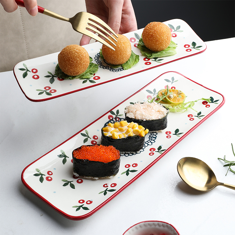 tinyhome日式樱桃长方形寿司盘长盘点心西餐盘创意陶瓷早餐小吃盘