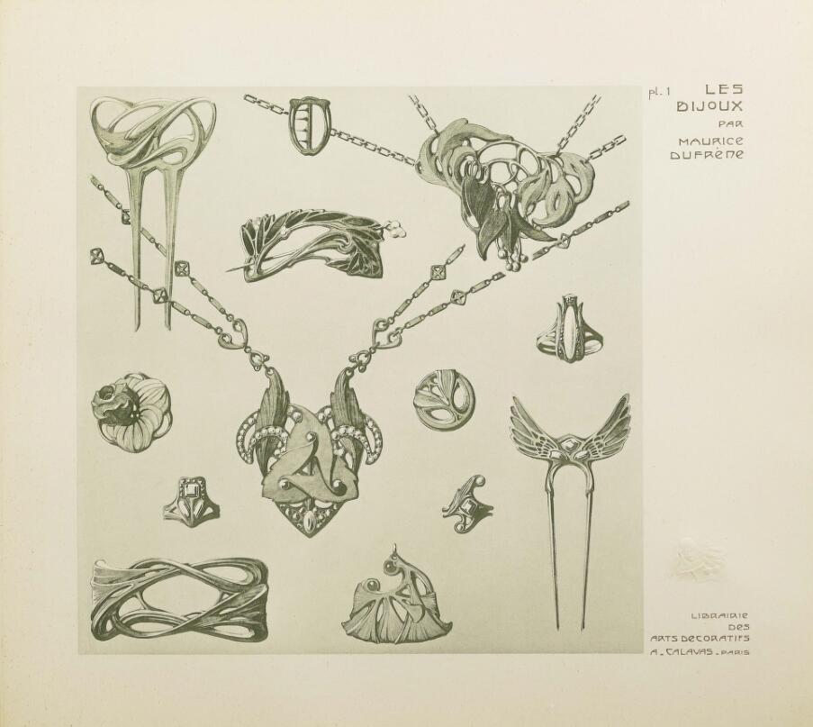 S0014复古设计素材资料 1876年法国新艺术风格装饰珠宝首饰手绘稿