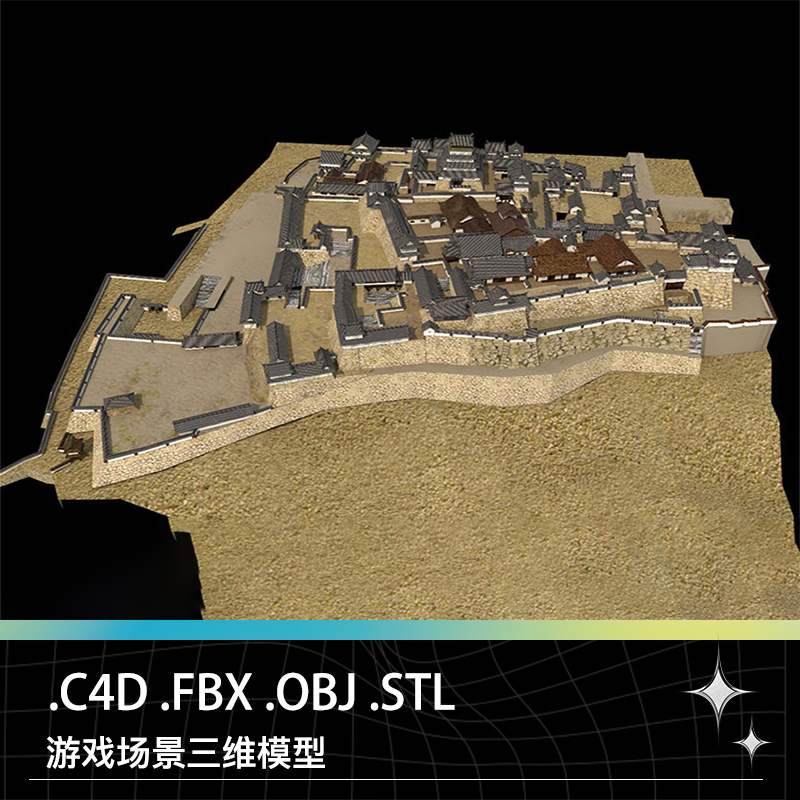 C4D FBX OBJ STL低面卡通游戏电影古代建筑瓦房三维模型素材