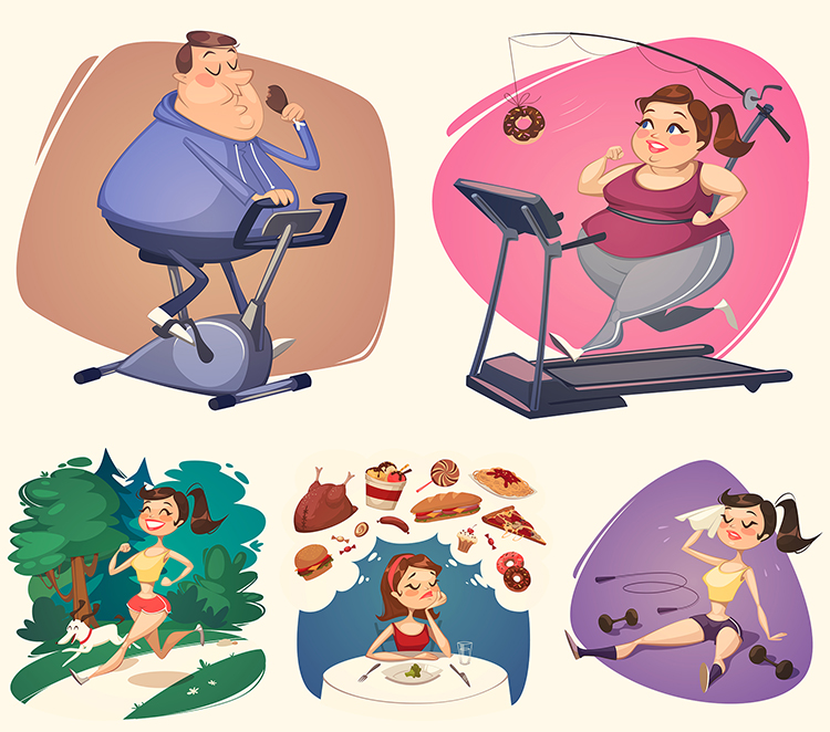 减肥卡通人物插画 可爱运动跑步健身瘦身形象场景 AI矢量设计素材