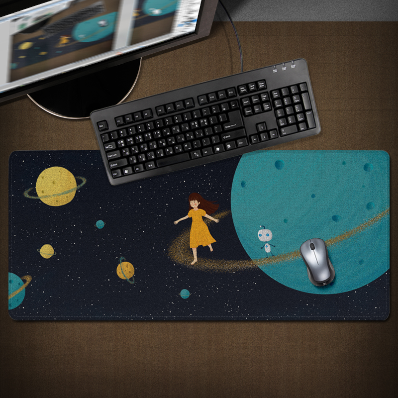 宇宙插画太空元素宇航员超大号鼠标垫防水防滑办公桌垫卡通游戏垫