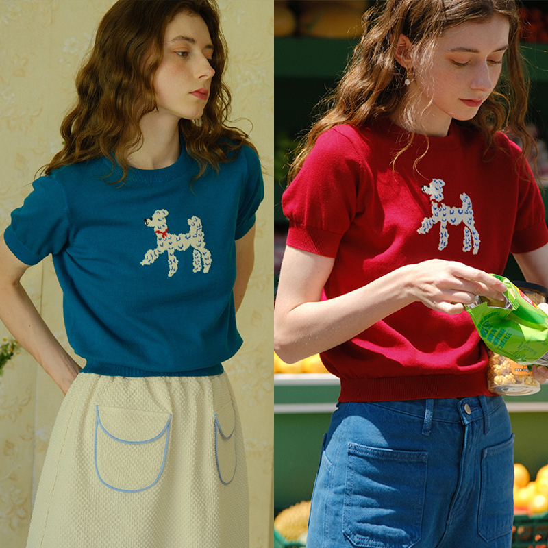 MintCheese 法式少女手绘可爱贵宾犬短款薄棉针织短袖T恤夏 红/蓝