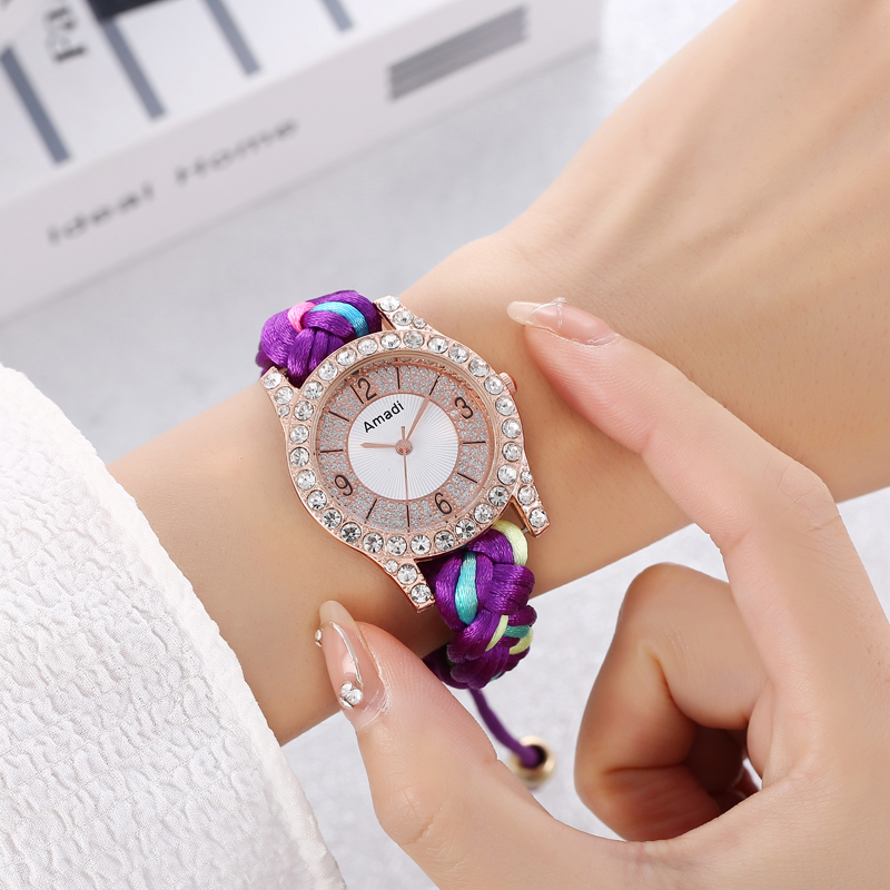 Amadi镶钻数字面石英手表 时尚彩色编织带外贸新品手表潮流女腕表