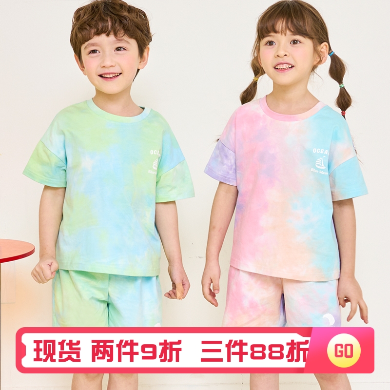 bebezoo韩国童装2024夏儿童套装时尚海洋潮汐扎染短袖短裤两件套