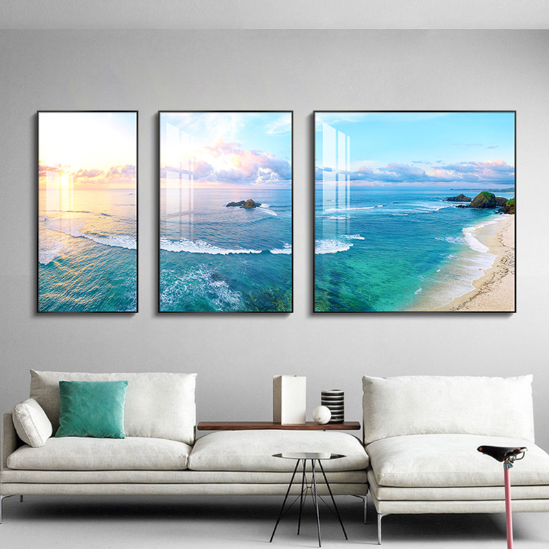 大海景沙滩装饰画客厅沙发背景风景挂画三联壁画现代朝霞海水北欧