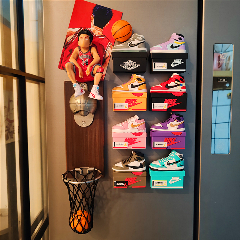 潮牌篮球鞋盒模型3d立体创意冰箱贴磁贴篮球框开瓶器磁性球鞋装饰