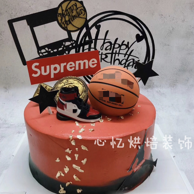 篮球蛋糕装饰立体篮球鞋篮球框插件黑红鞋盒男生蓝球迷蛋糕摆件