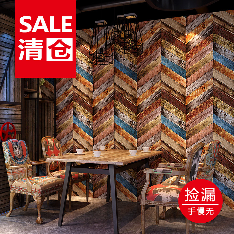 新中式墙纸复古仿木纹木板木头原木色立体店铺店面装修背景墙壁纸