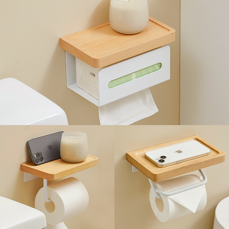 实木厕所卷纸置物架免打孔纸巾架卫生间壁挂式抽纸盒洗手间原木风