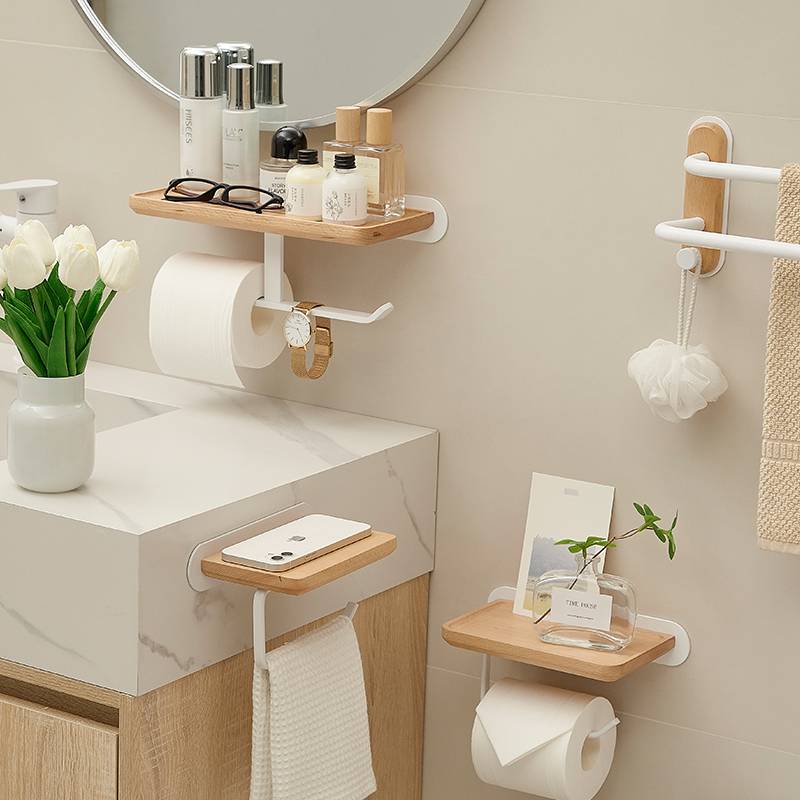 CMEO原木风白色卫生间纸巾盒免打孔壁挂厕所抽纸置物架浴室手机架