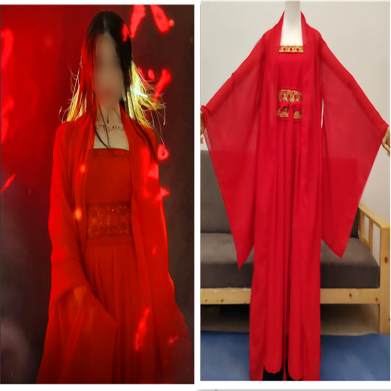 万圣节服装女古装汉服广袖妖艳鬼新娘红色舞蹈服超仙武侠装仙侠服