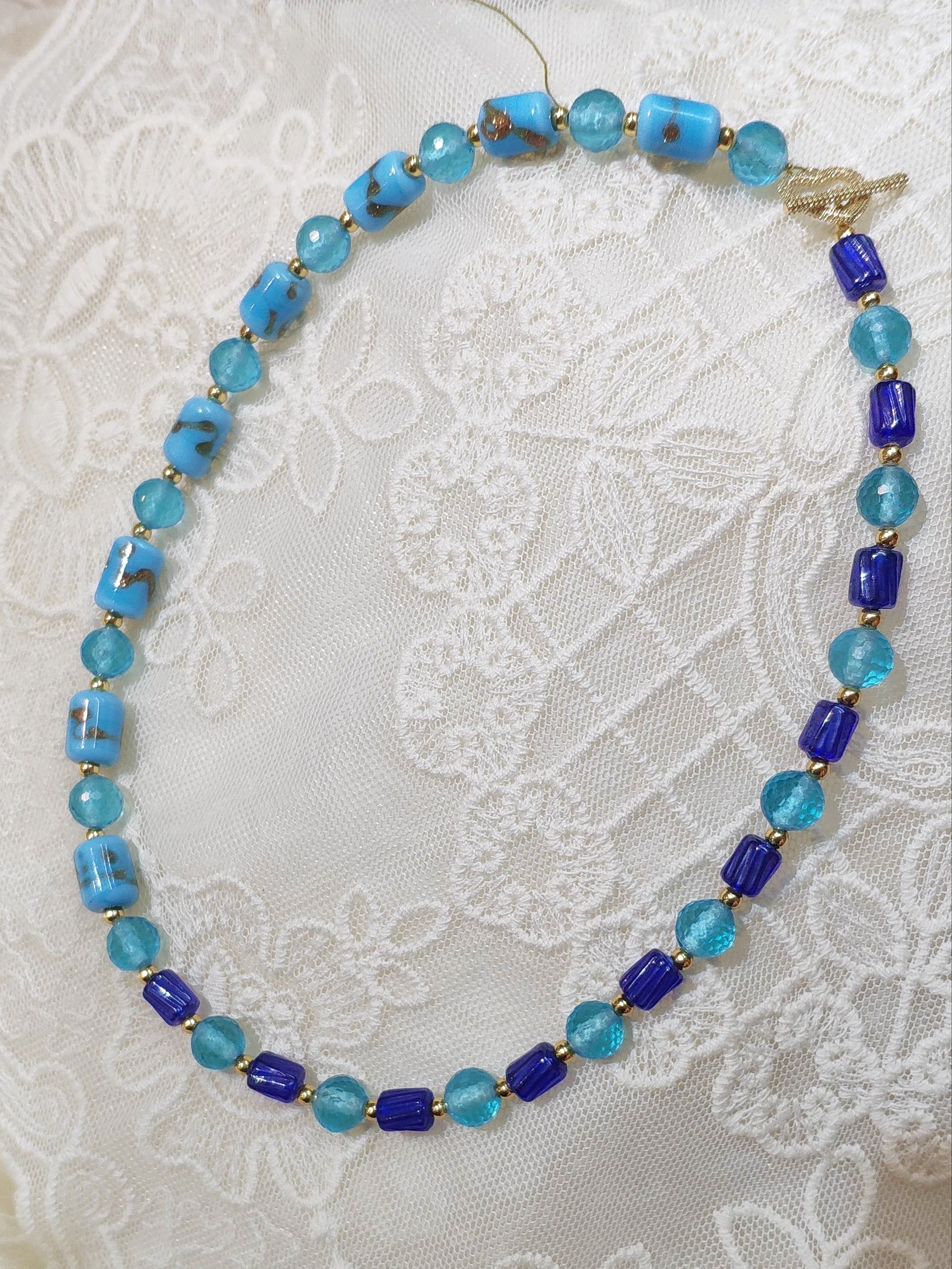 阔以手作「碧海蓝天」八十年代老琉璃原创设计项链沧桑的古珠质感