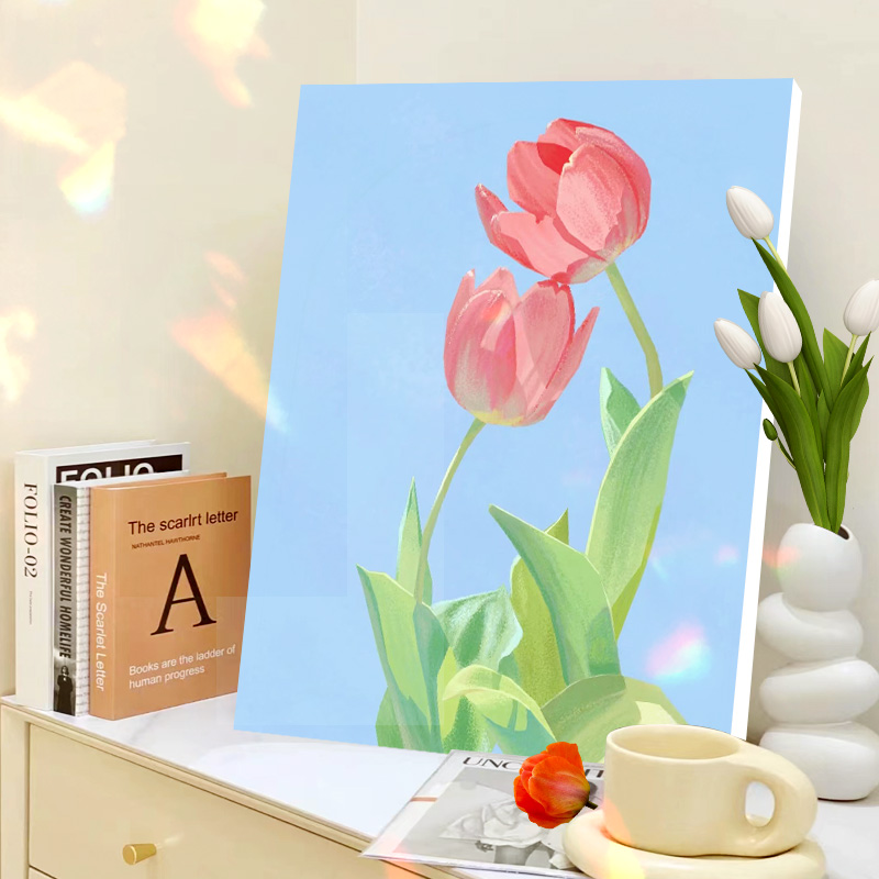 郁金香diy数字油画填充手绘植物花卉减压填充涂色diy油彩装饰画