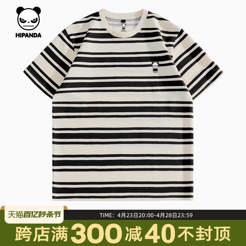 hipanda你好熊猫潮牌黑白条纹短袖T恤男2024夏季新款情侣宽松体恤