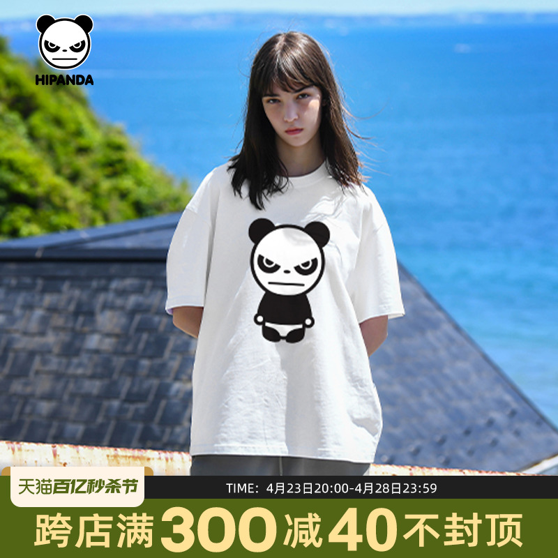 Hipanda你好熊猫设计潮牌经典熊猫短袖T恤男2024夏季新款情侣时尚