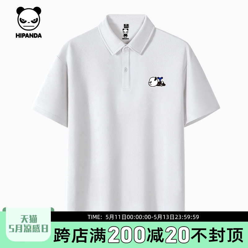 Hipanda你好熊猫男士短袖polo衫2024夏季新款男生高品质立领polo