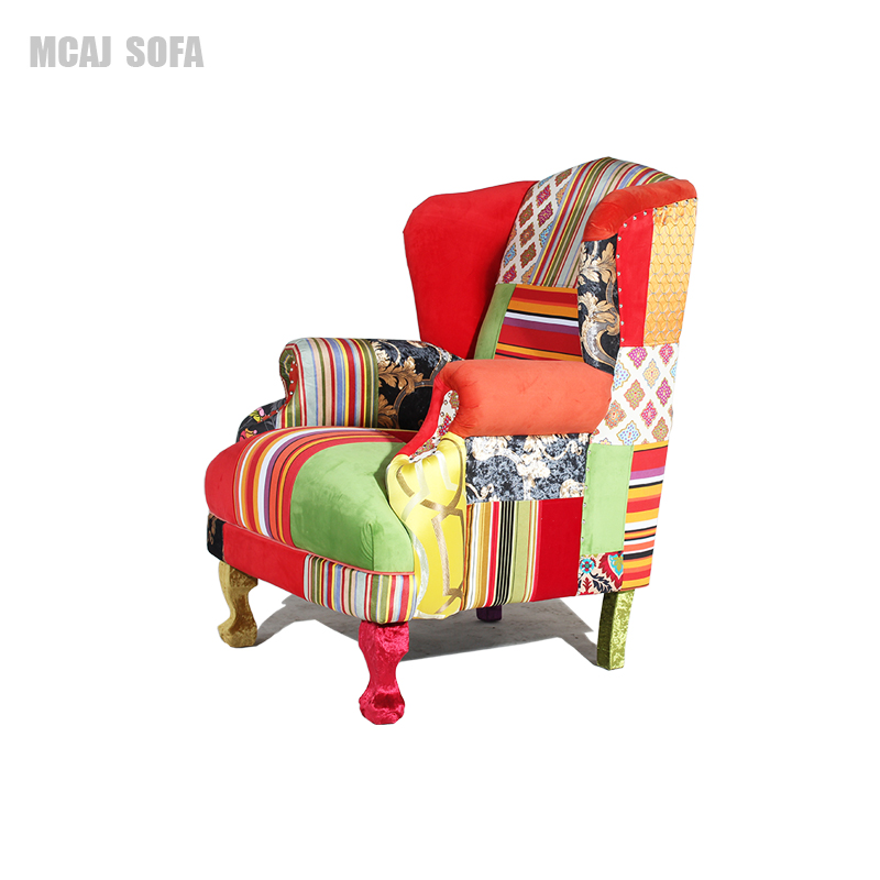 梅卡嘉创意个性定制欧式布艺拼接老虎椅撞色客厅卧室复古单人沙发