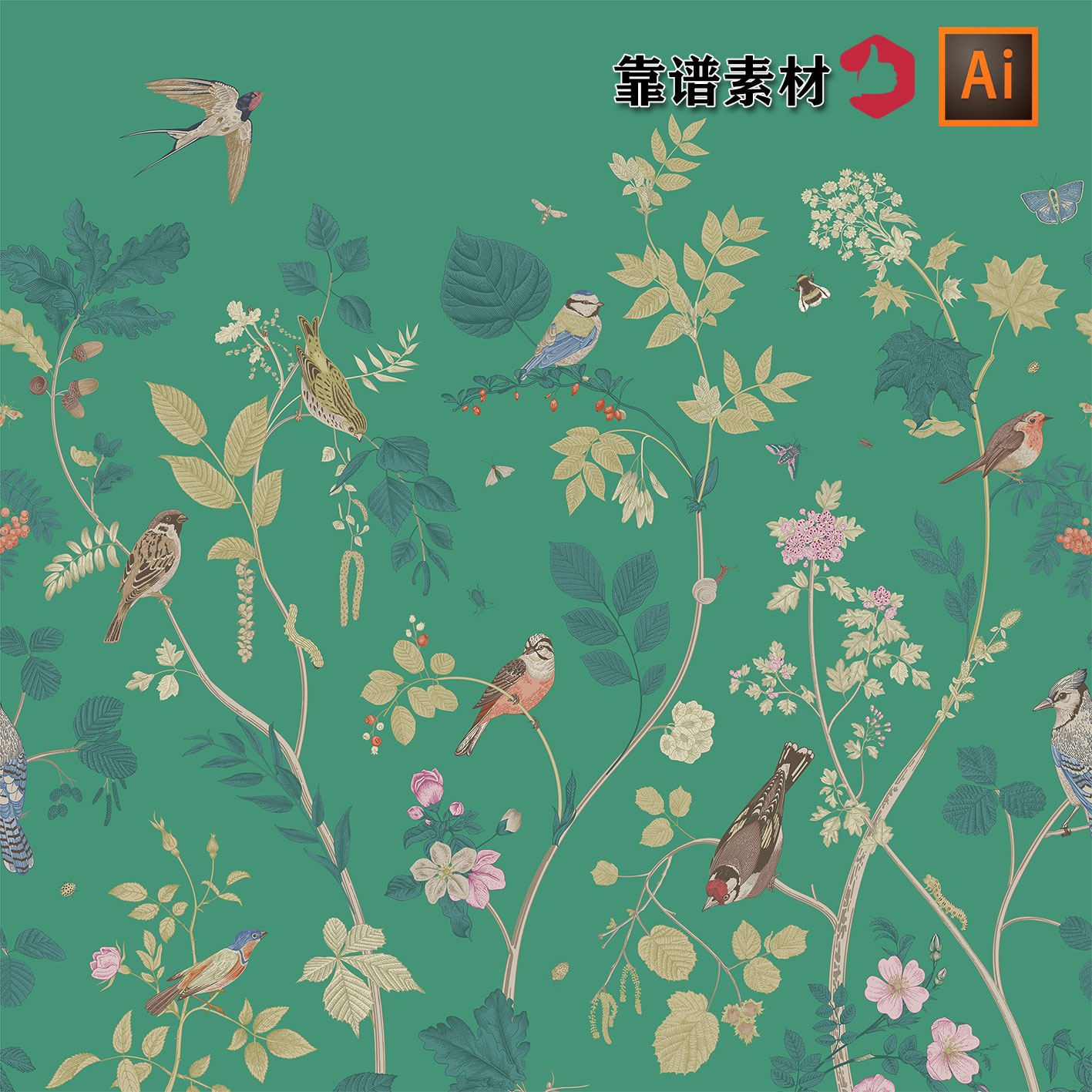 美丽的花园精美复古花鸟植物手绘素描插画装饰画AI矢量设计素材