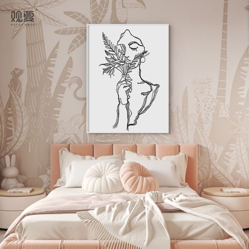 现代抽象人物挂画女生卧室简笔画咖啡馆黑白线条儿童房装饰画女孩