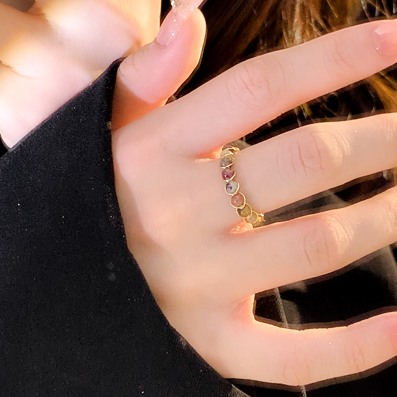 天然石碧玺戒指女小众设计高级感素圈戒指复古尾戒开口食指戒指女