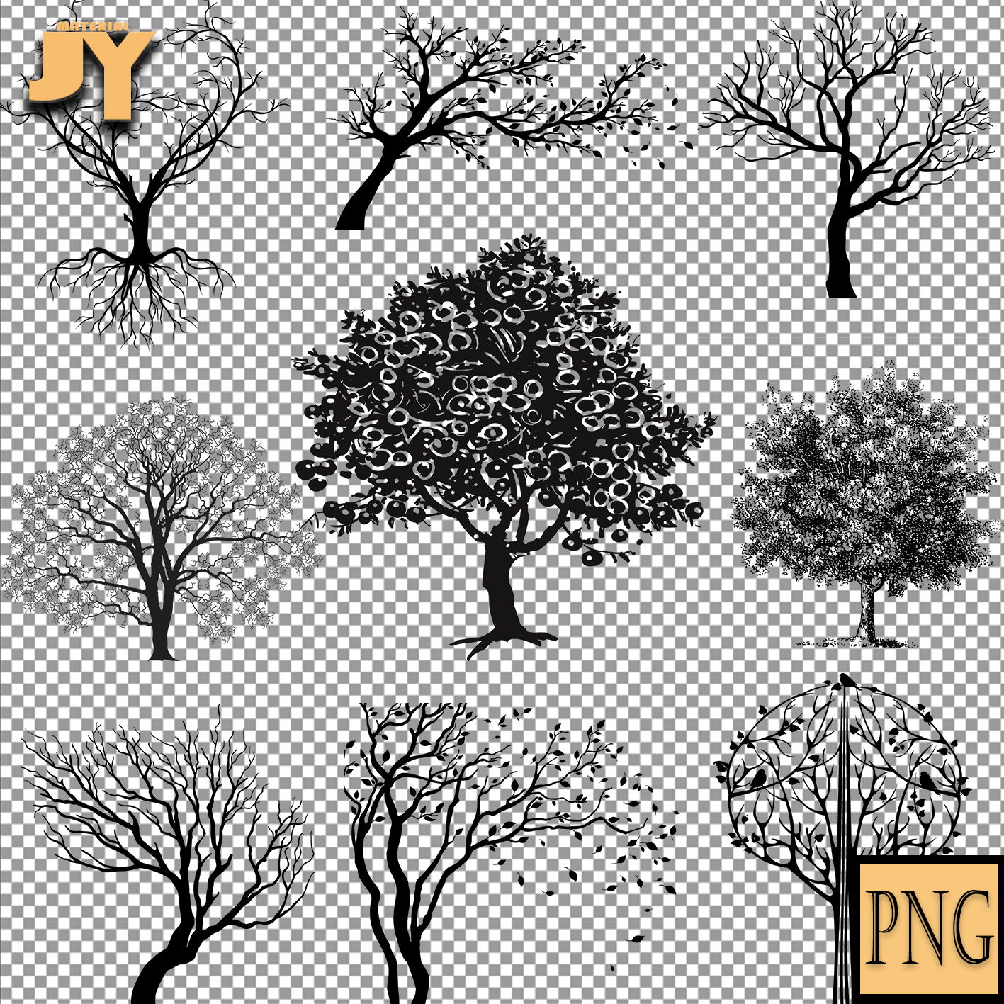 黑白大树剪影树木树枝小树创意树插画PNG设计素材