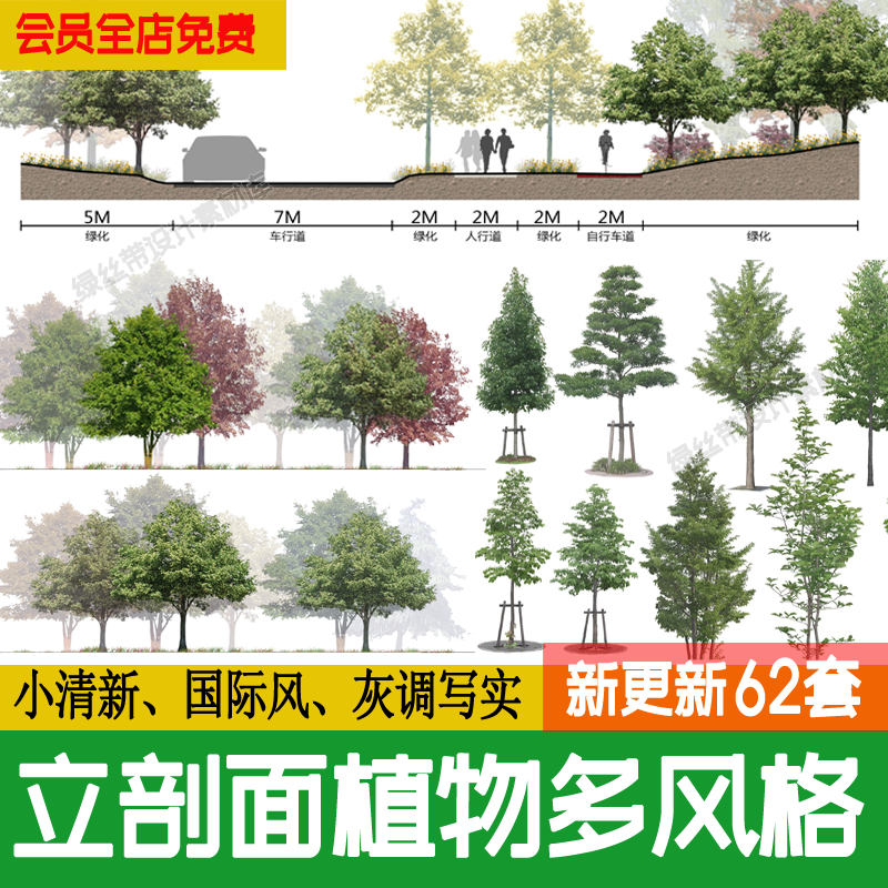 景观小清新树木psd植物平面立面剖面图效果图海绵城市规划ps素材