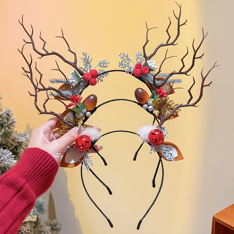森系圣诞节麋鹿发箍女发光树枝发卡头饰成人大鹿角头箍发饰拍照